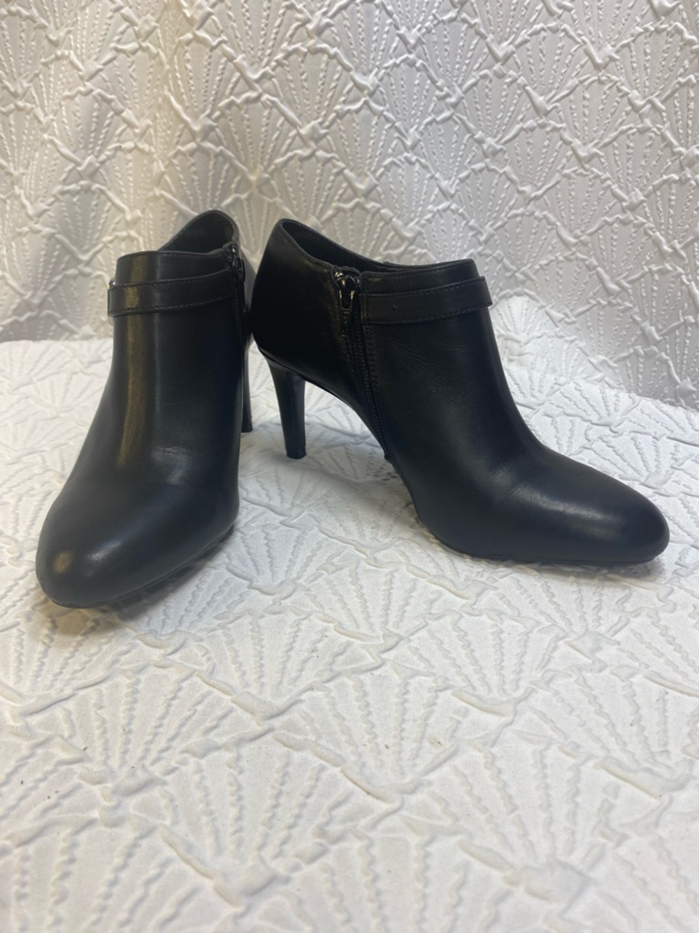 ANTONIO MELANI Black Leather Ankle Booties with Side Zip and Strap Detail